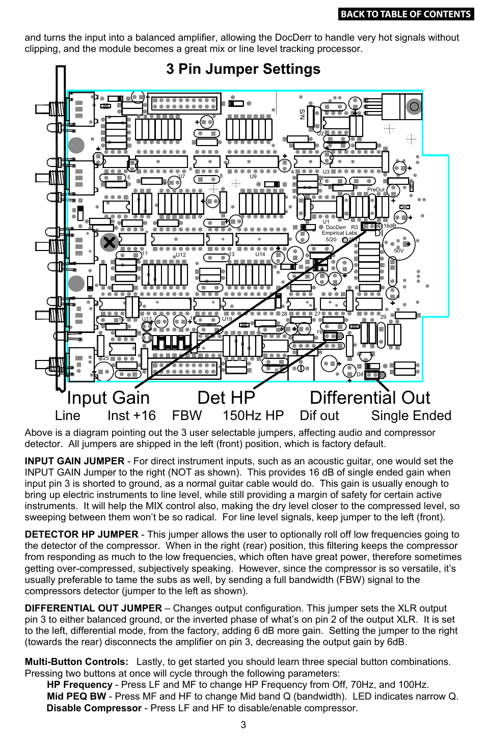 The jumpers on the pc board, Det hp differential out, Input gain | Wiring the docderr, 3 pin jumper settings, The saturator, The mix control | Empirical Labs EL-Rx User Manual | Page 4 / 14