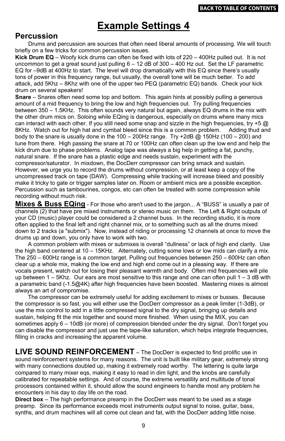 Example settings (continued), Example settings 4, Example settings 3 | Percussion, Live sound reinforcement, Bass, Vocals, Keyboards, Mixes & buss eqing | Empirical Labs EL-Rx User Manual | Page 8 / 14