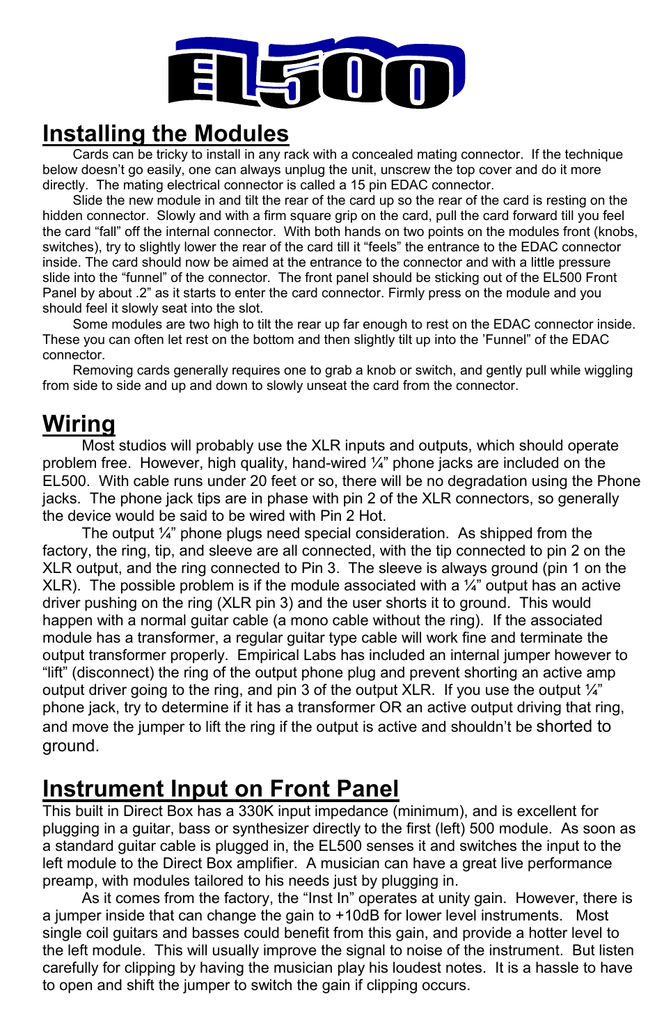 Installing the modules, Wiring, Instrument input on front panel | The link switch, Changing the fuse, Line voltage select, Troubleshooting, Gigging with the el500 | Empirical Labs EL-500 User Manual | Page 2 / 4