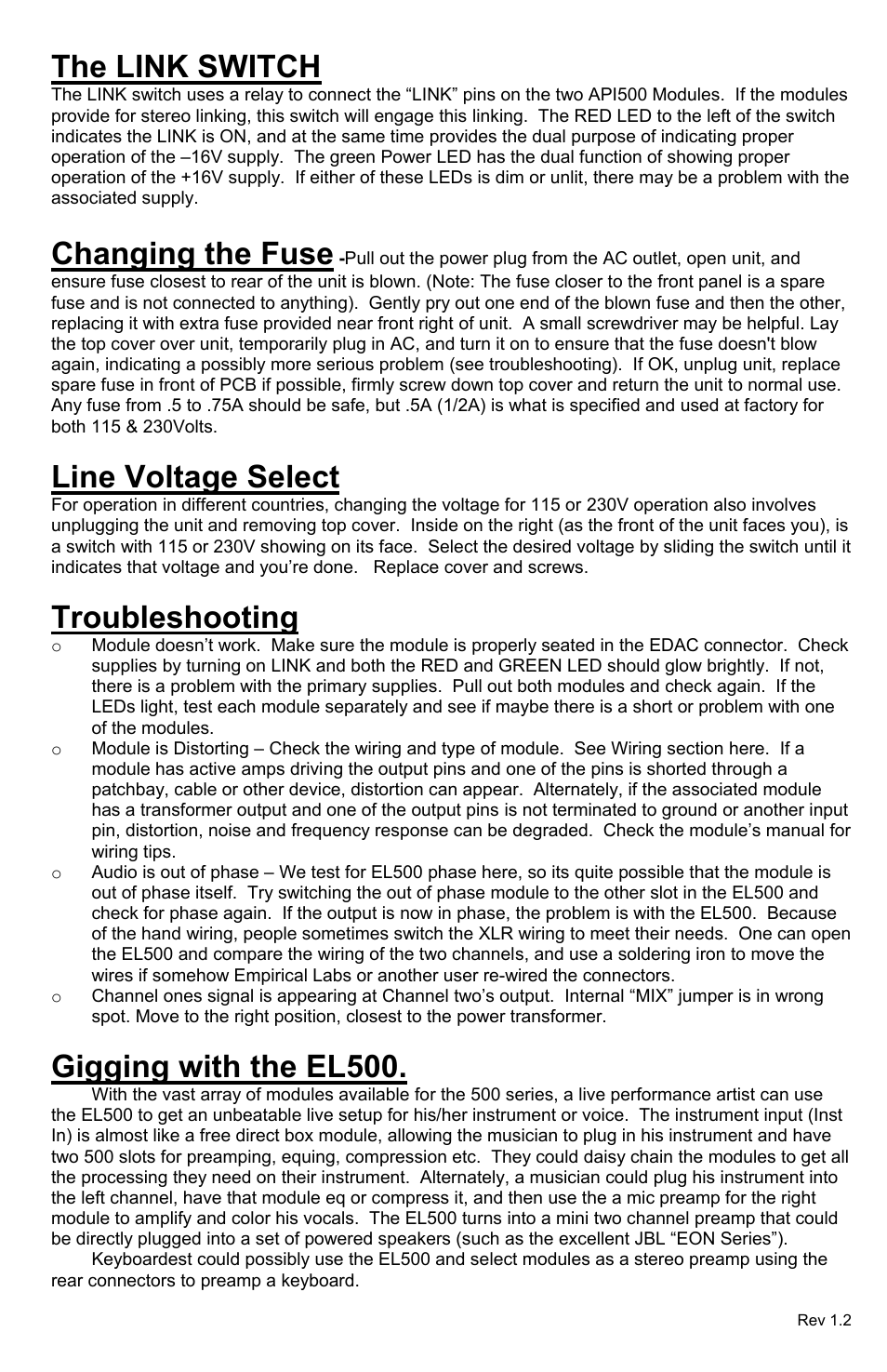 Installing the modules, Wiring, Instrument input on front panel | The link switch, Changing the fuse, Line voltage select, Troubleshooting, Gigging with the el500 | Empirical Labs EL-500 User Manual | Page 3 / 4