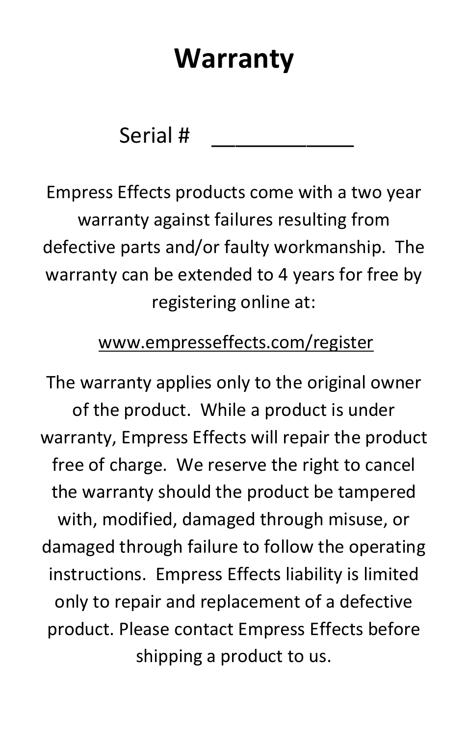 Warranty, Serial | Empress Effects Buffer+ User Manual | Page 12 / 12