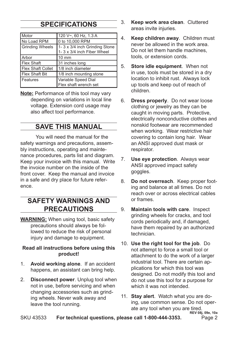 Specifications, Save this manual, Safety warnings and precautions | Harbor Freight Tools 43533 User Manual | Page 2 / 8