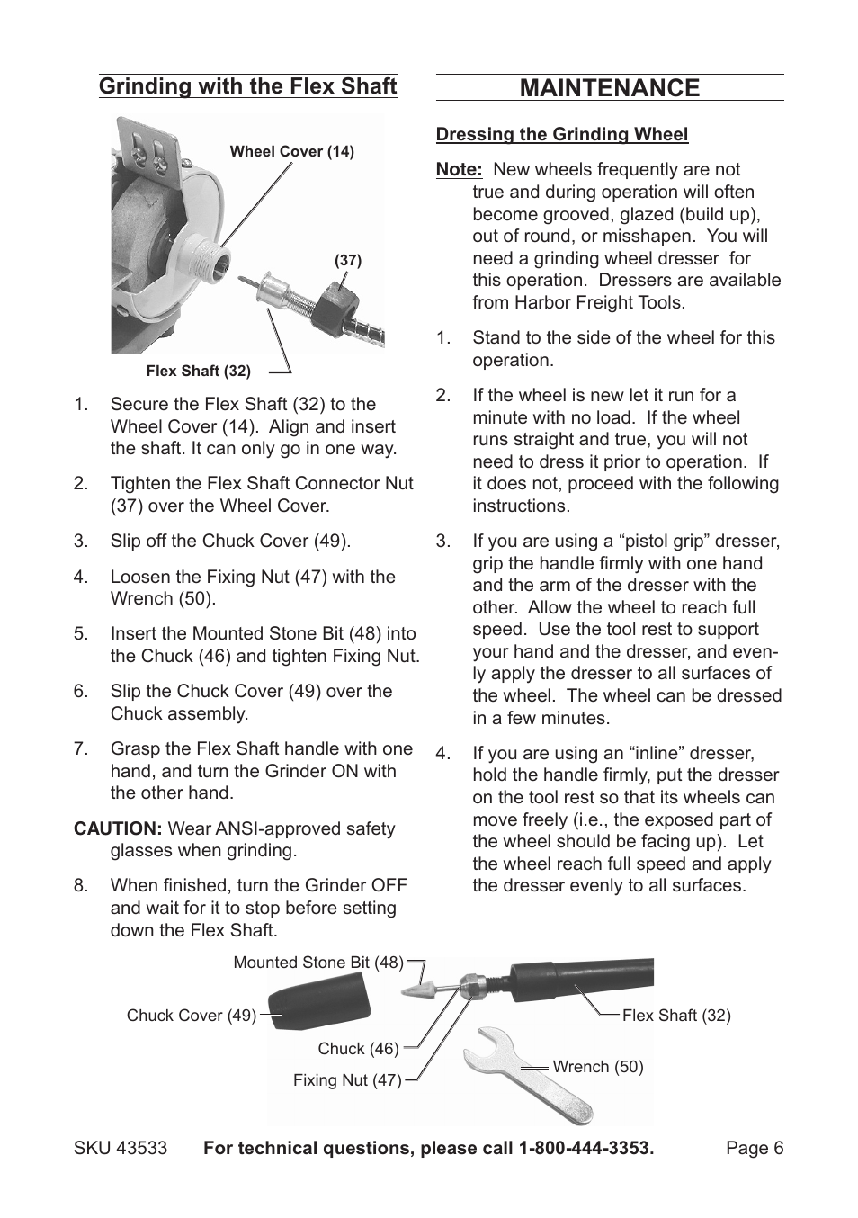 Maintenance, Grinding with the flex shaft | Harbor Freight Tools 43533 User Manual | Page 6 / 8