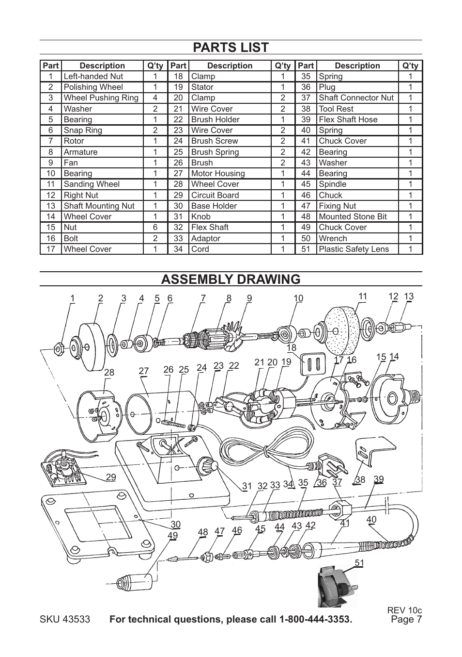 Assembly drawing, Parts list | Harbor Freight Tools 43533 User Manual | Page 7 / 8