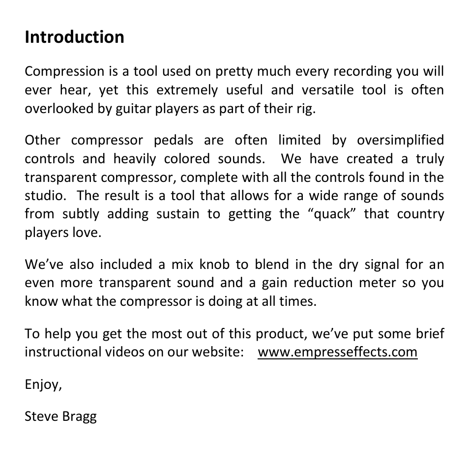 Introduction | Empress Effects Compressor User Manual | Page 2 / 8
