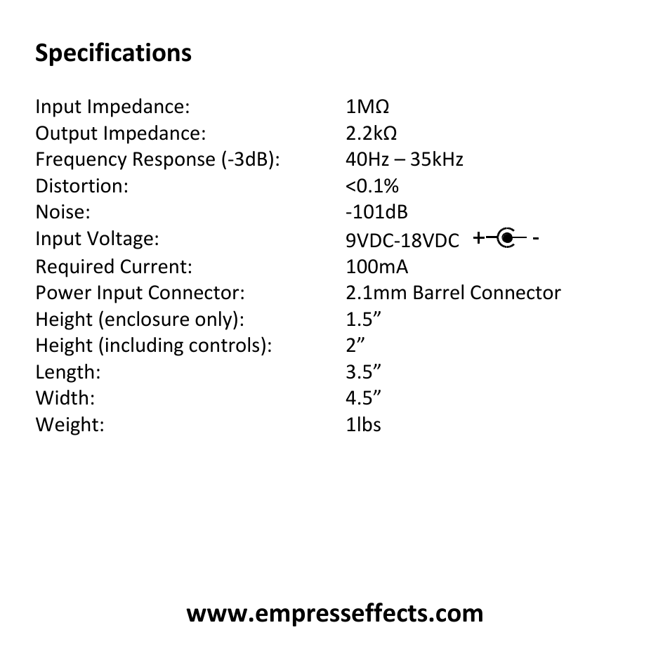 Specifications | Empress Effects Compressor User Manual | Page 8 / 8