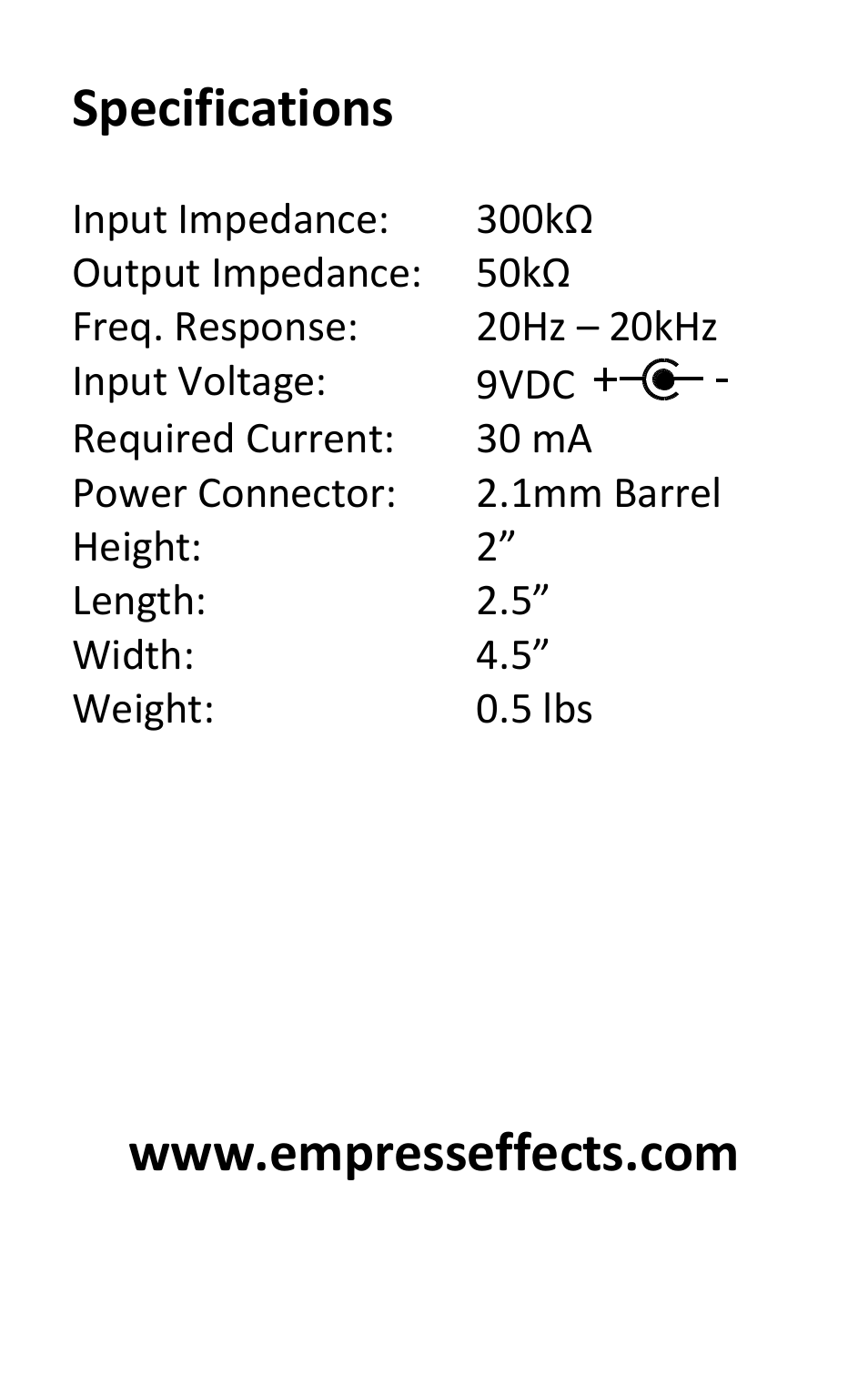 Specifications | Empress Effects Fuzz User Manual | Page 7 / 8