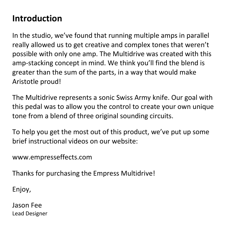 Introduction | Empress Effects Multidrive User Manual | Page 2 / 8