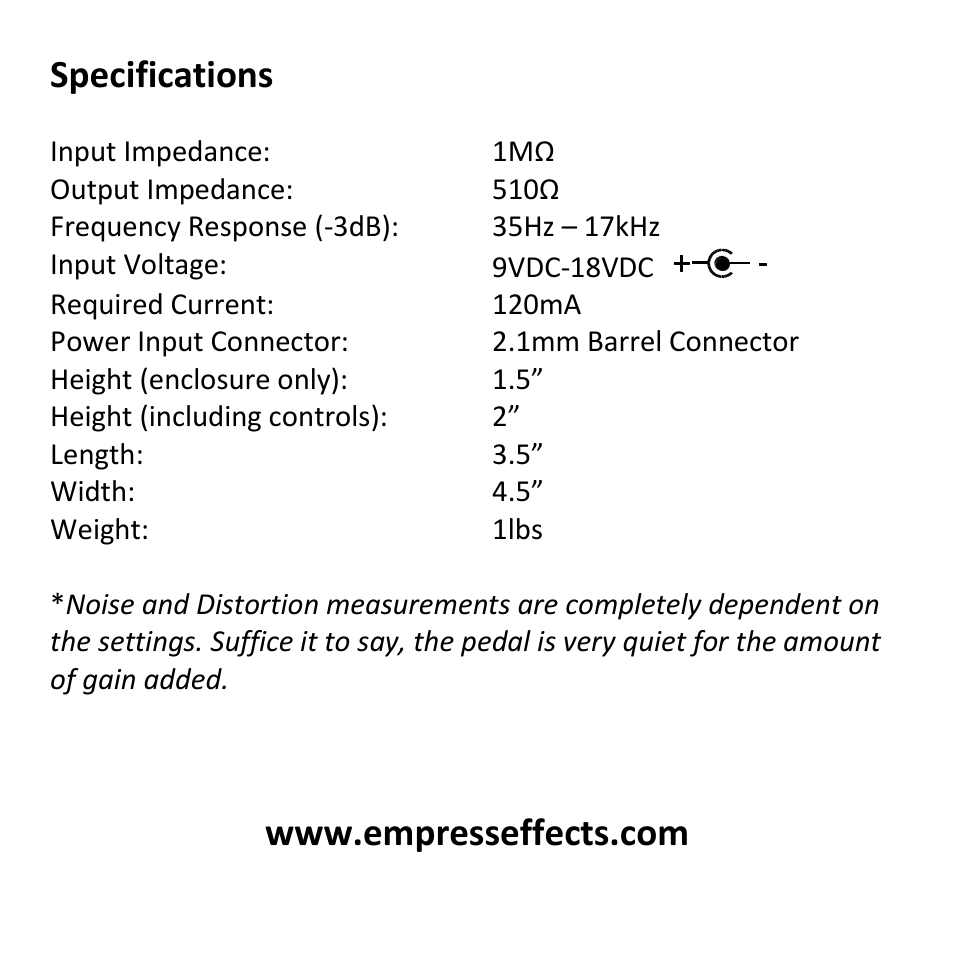 Specifications | Empress Effects Multidrive User Manual | Page 8 / 8