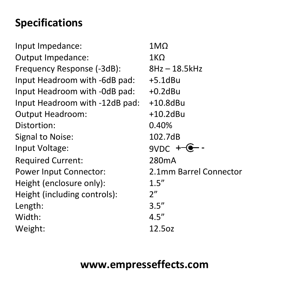 Specifications | Empress Effects Nebulus User Manual | Page 16 / 16