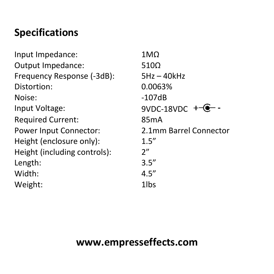 Specifications | Empress Effects ParaEq User Manual | Page 12 / 12