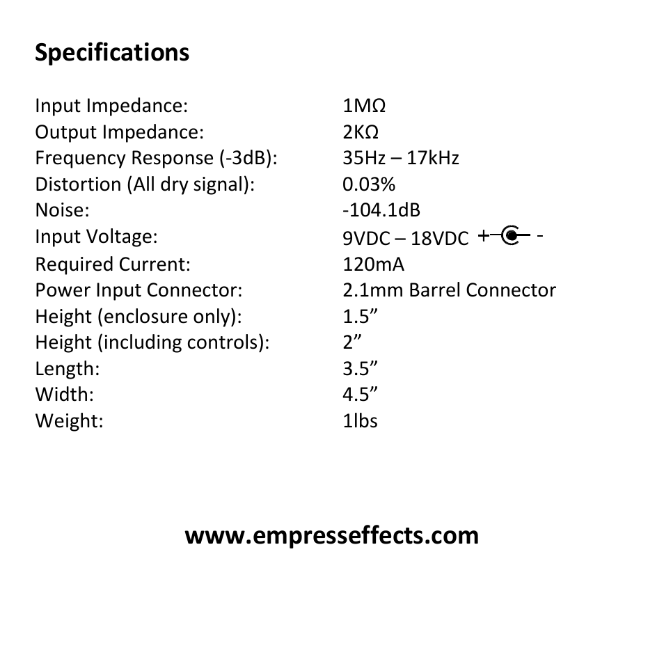 Specifications | Empress Effects Phaser User Manual | Page 24 / 24