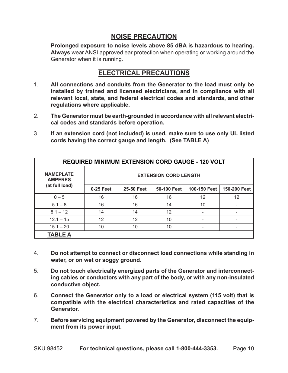 Noise precaution, Electrical precautions | Chicago Electric PORTABLE GENERATOR 98452 User Manual | Page 10 / 25