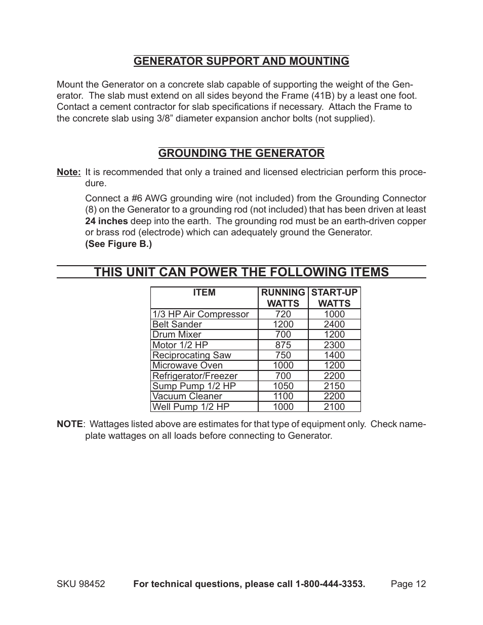 This unit can power the following items | Chicago Electric PORTABLE GENERATOR 98452 User Manual | Page 12 / 25