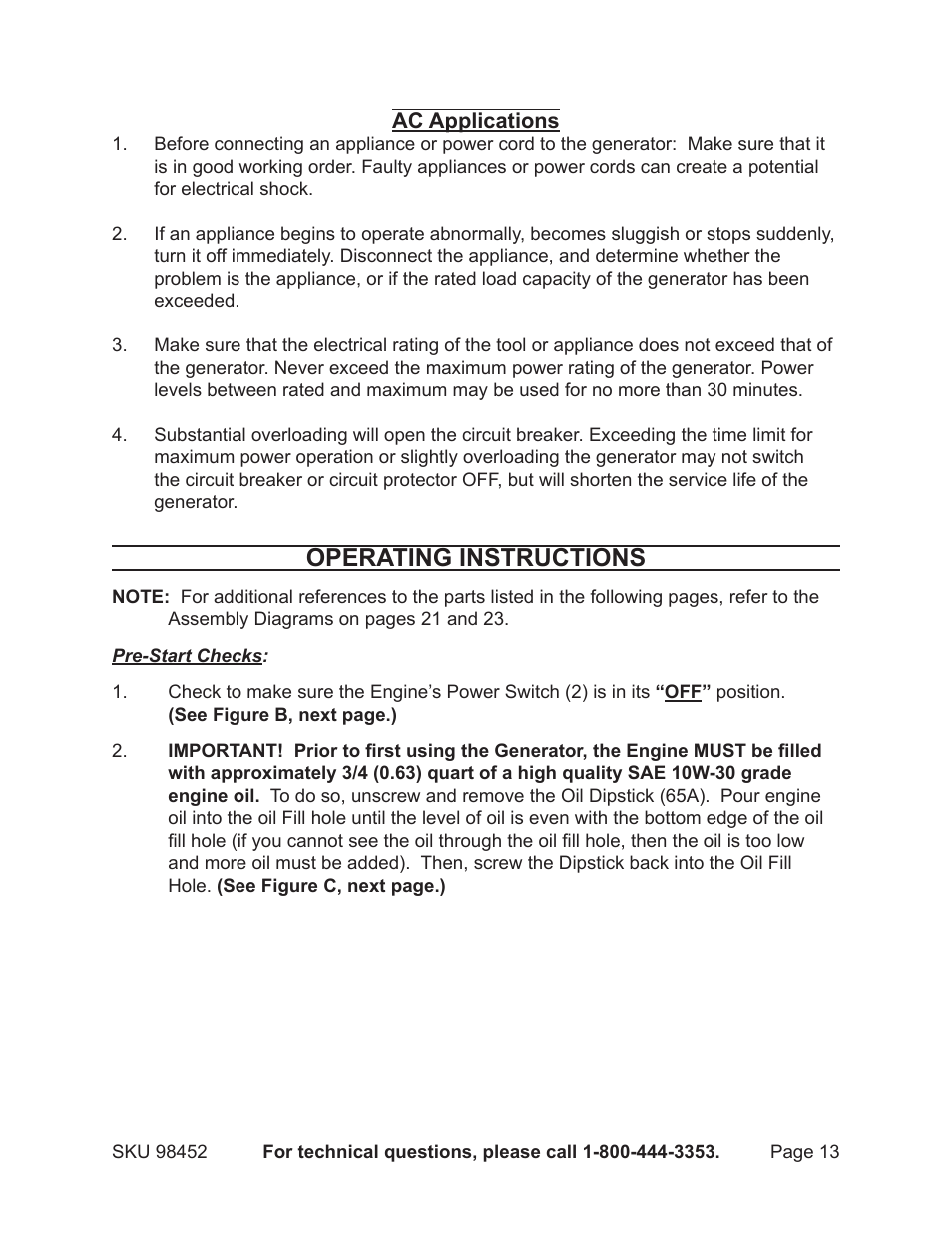 Operating instructions | Chicago Electric PORTABLE GENERATOR 98452 User Manual | Page 13 / 25