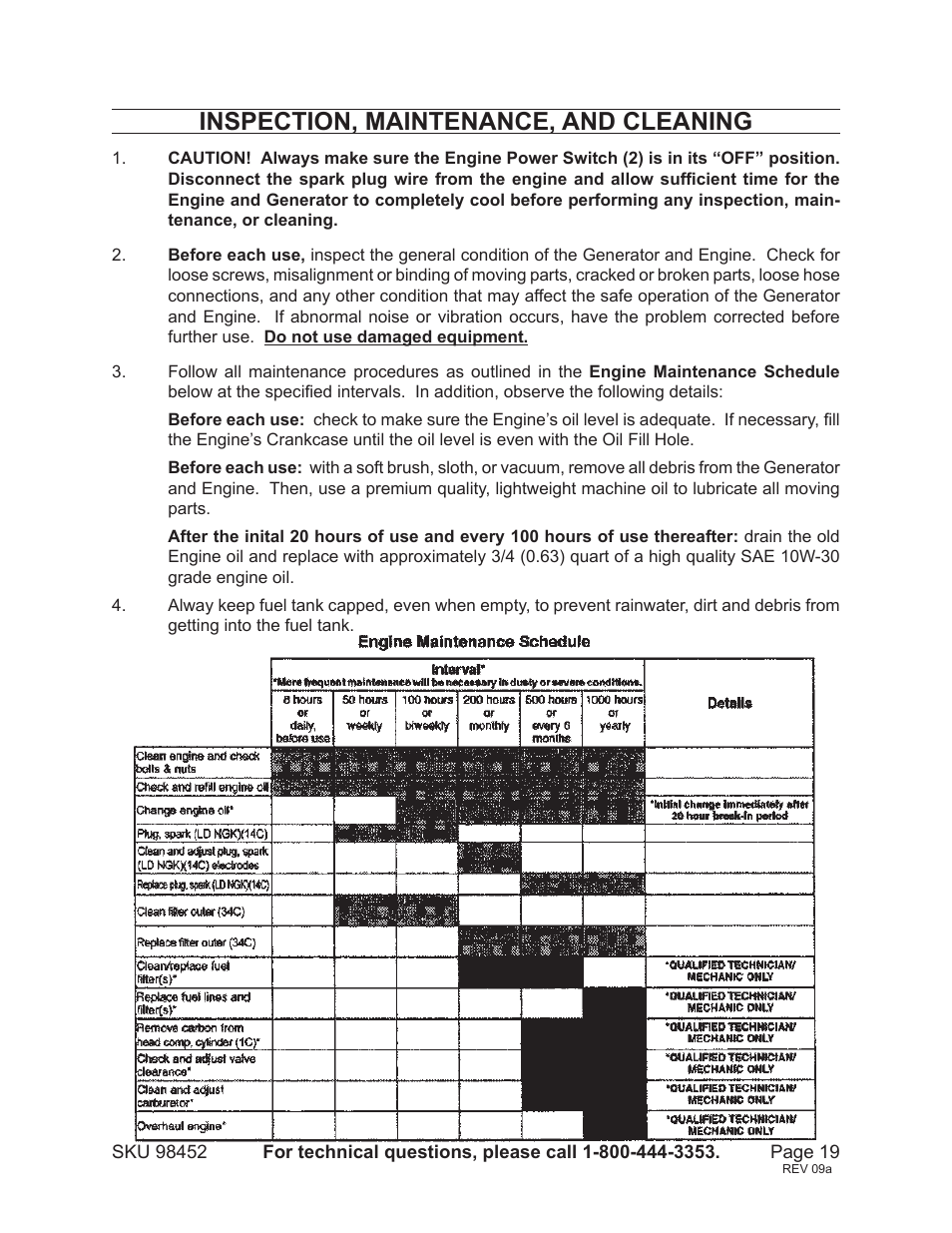 Inspection, maintenance, and cleaning | Chicago Electric PORTABLE GENERATOR 98452 User Manual | Page 19 / 25