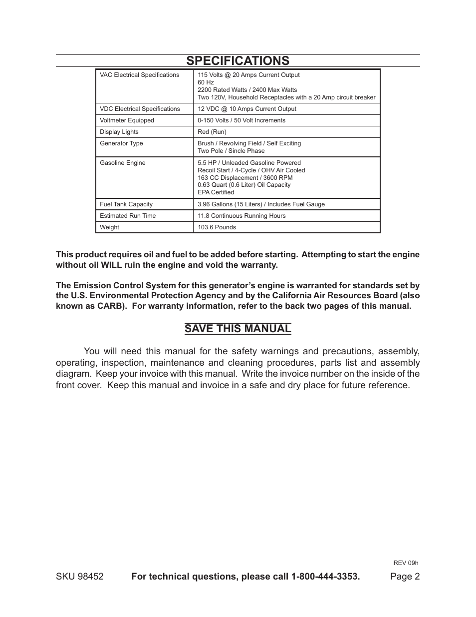 Specifications, Save this manual | Chicago Electric PORTABLE GENERATOR 98452 User Manual | Page 2 / 25