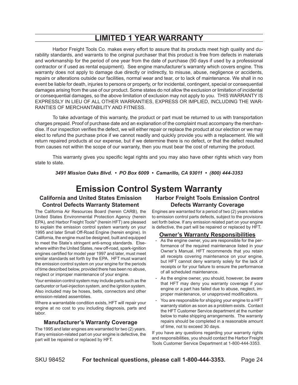 Emission control system warranty, Limited 1 year warranty | Chicago Electric PORTABLE GENERATOR 98452 User Manual | Page 24 / 25