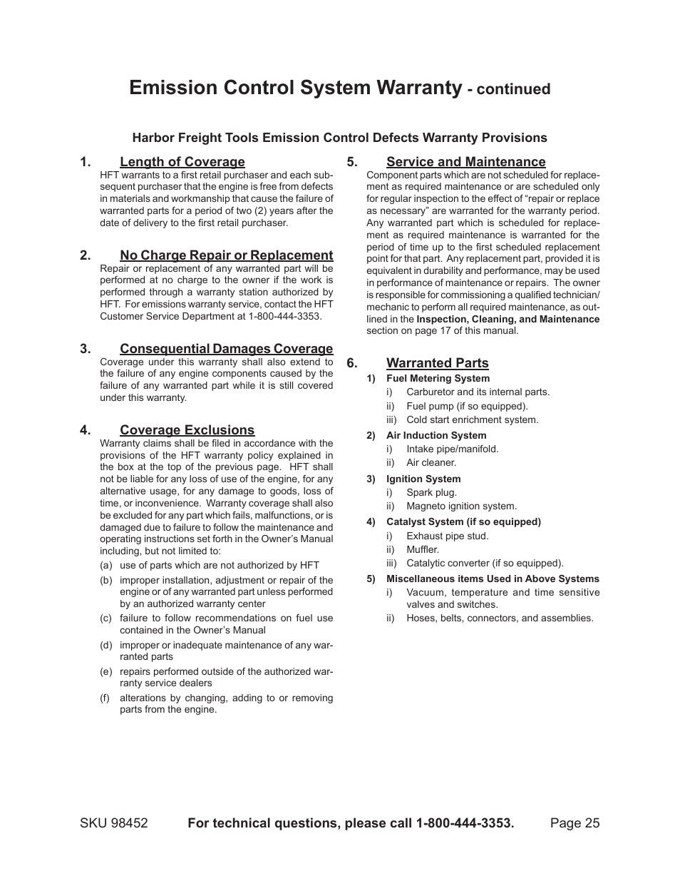 Emission control system warranty, Continued | Chicago Electric PORTABLE GENERATOR 98452 User Manual | Page 25 / 25