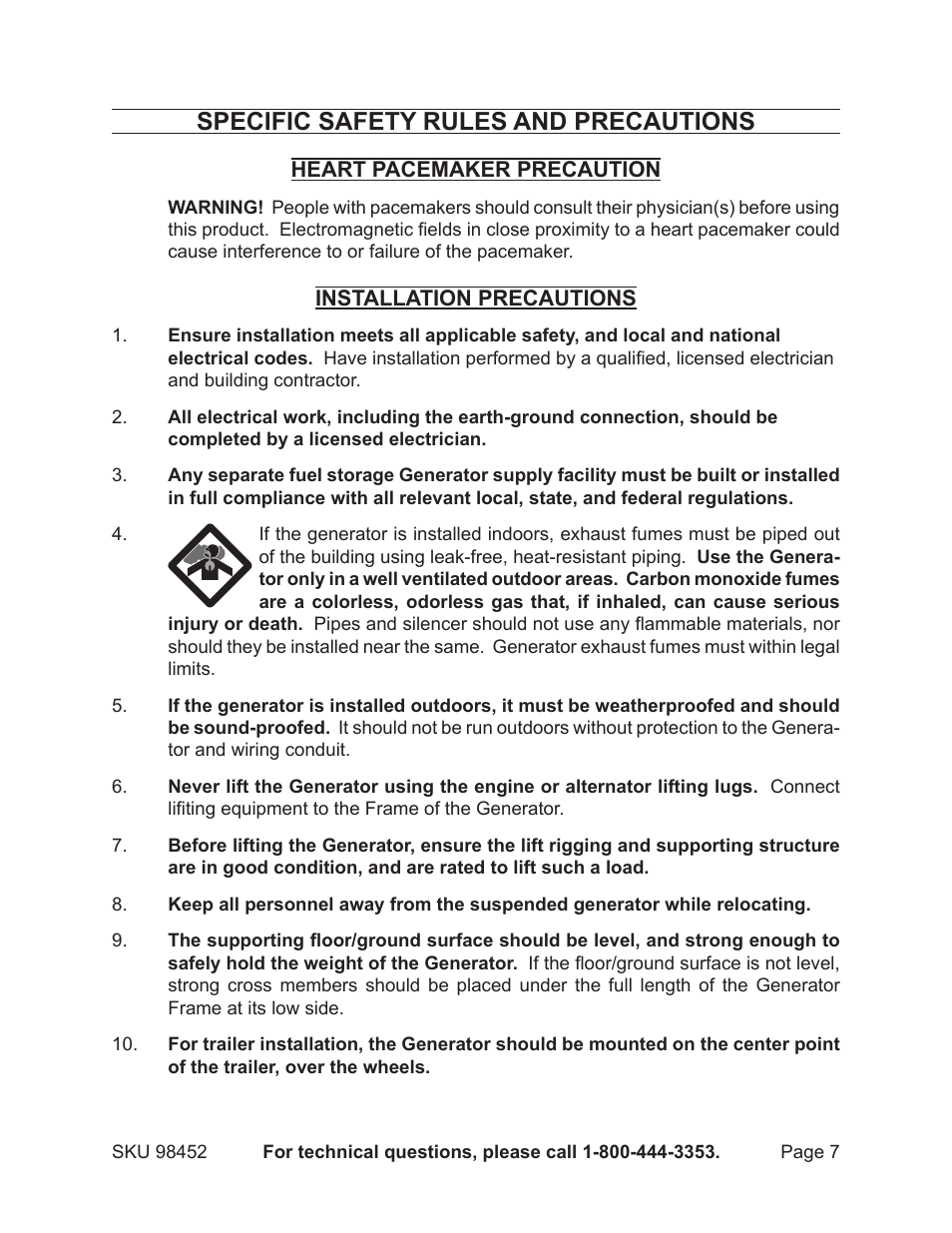 Specific safety rules and precautions | Chicago Electric PORTABLE GENERATOR 98452 User Manual | Page 7 / 25
