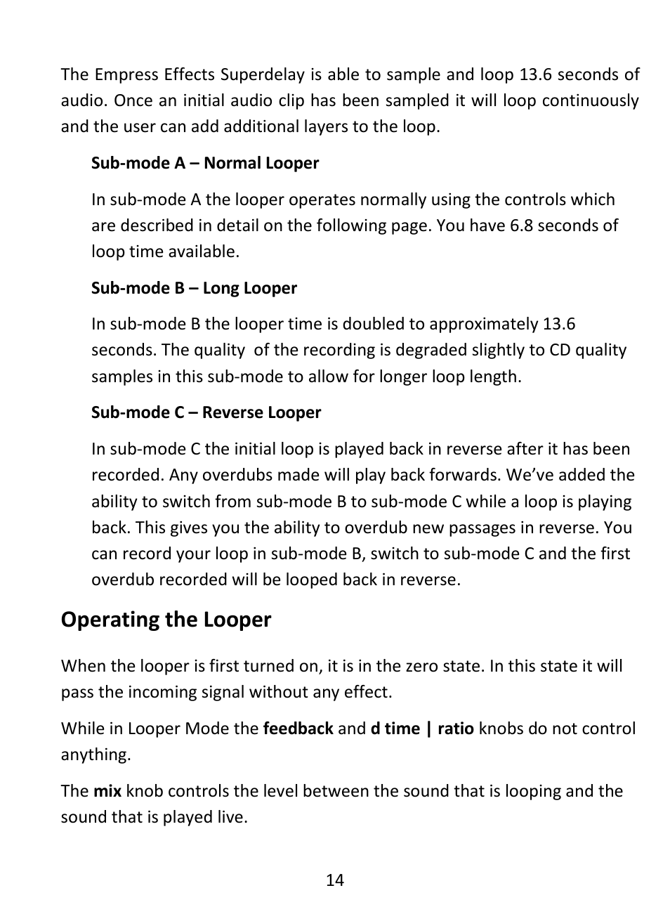 Looper mode, Operating the looper | Empress Effects Superdelay User Manual | Page 15 / 20