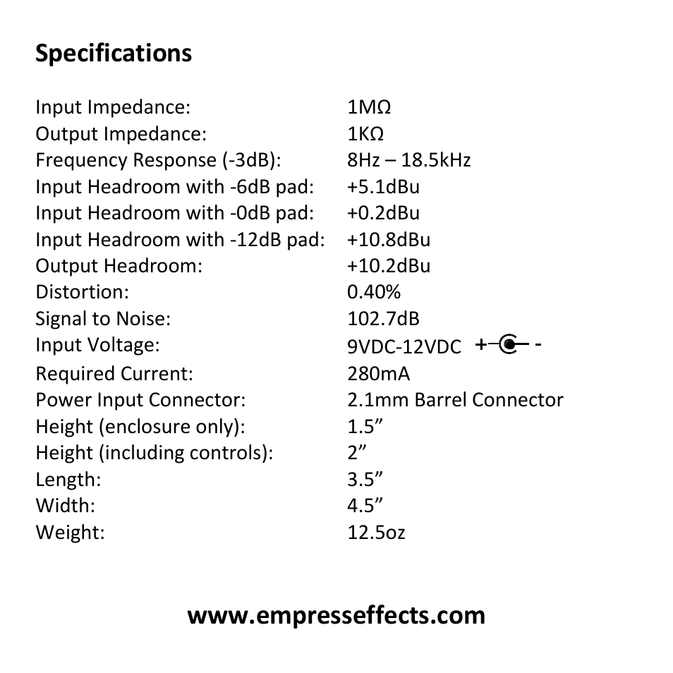 Specifications | Empress Effects Tape Delay User Manual | Page 12 / 12
