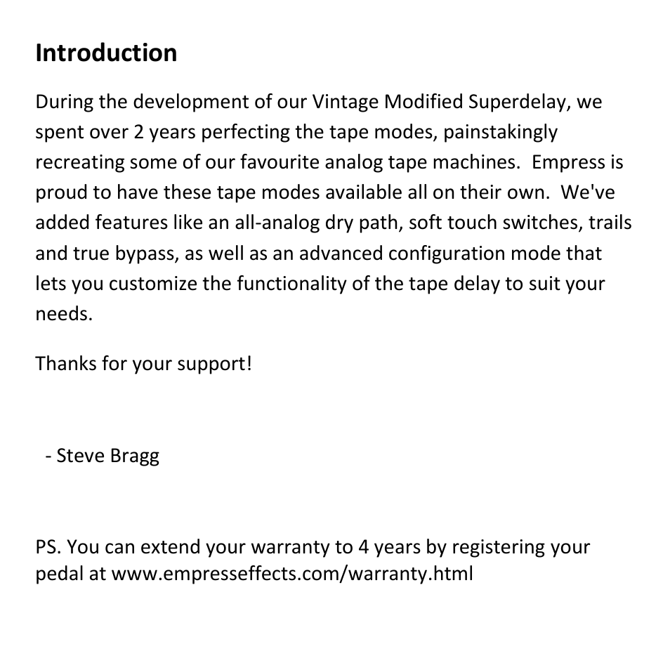 Introduction | Empress Effects Tape Delay User Manual | Page 2 / 12