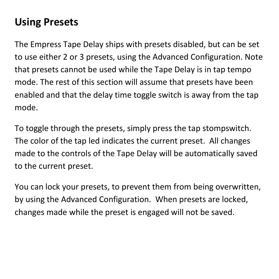 Using presets | Empress Effects Tape Delay User Manual | Page 5 / 12