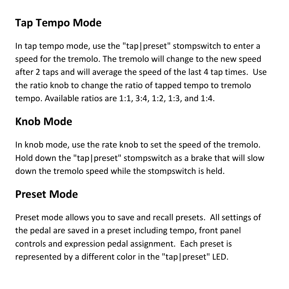 Tap tempo mode, Knob mode, Preset mode | Empress Effects Tremolo2 User Manual | Page 4 / 16