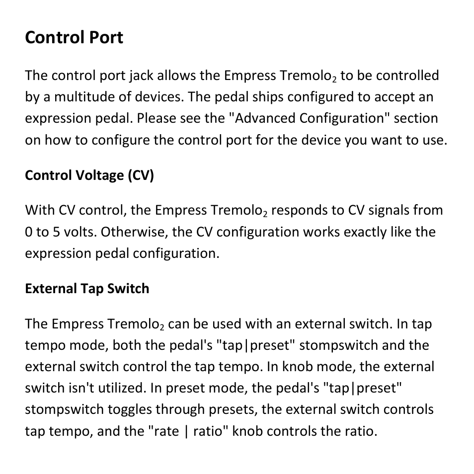 Control port | Empress Effects Tremolo2 User Manual | Page 6 / 16