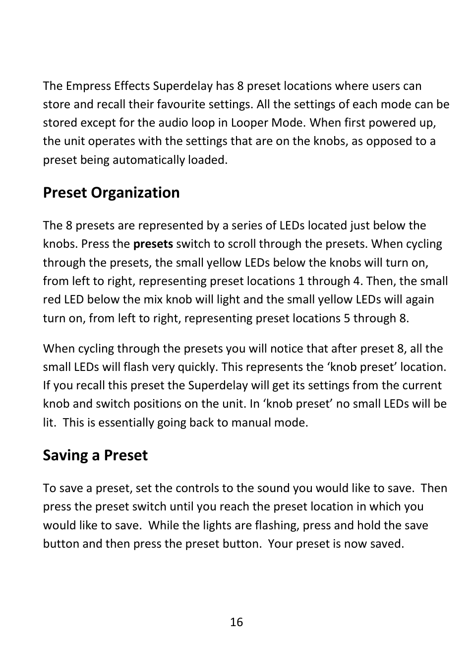 Using presets, Preset organization, Saving a preset | Empress Effects Vintage Modified Superdelay User Manual | Page 17 / 20