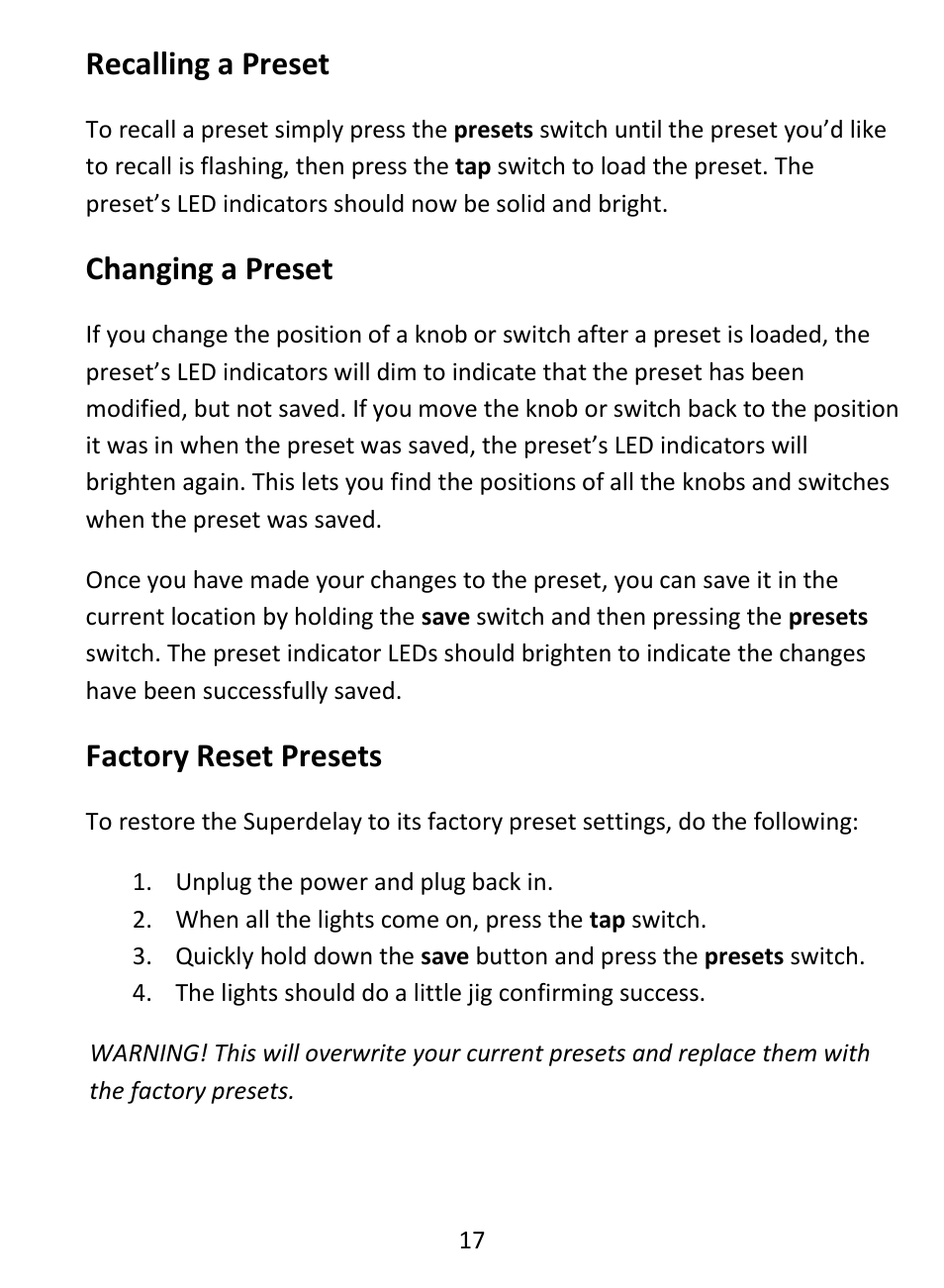 Expression pedal, Recalling a preset, Changing a preset | Factory reset presets | Empress Effects Vintage Modified Superdelay User Manual | Page 18 / 20