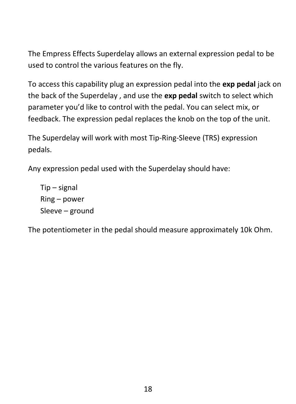 Specifications, Expression pedal | Empress Effects Vintage Modified Superdelay User Manual | Page 19 / 20
