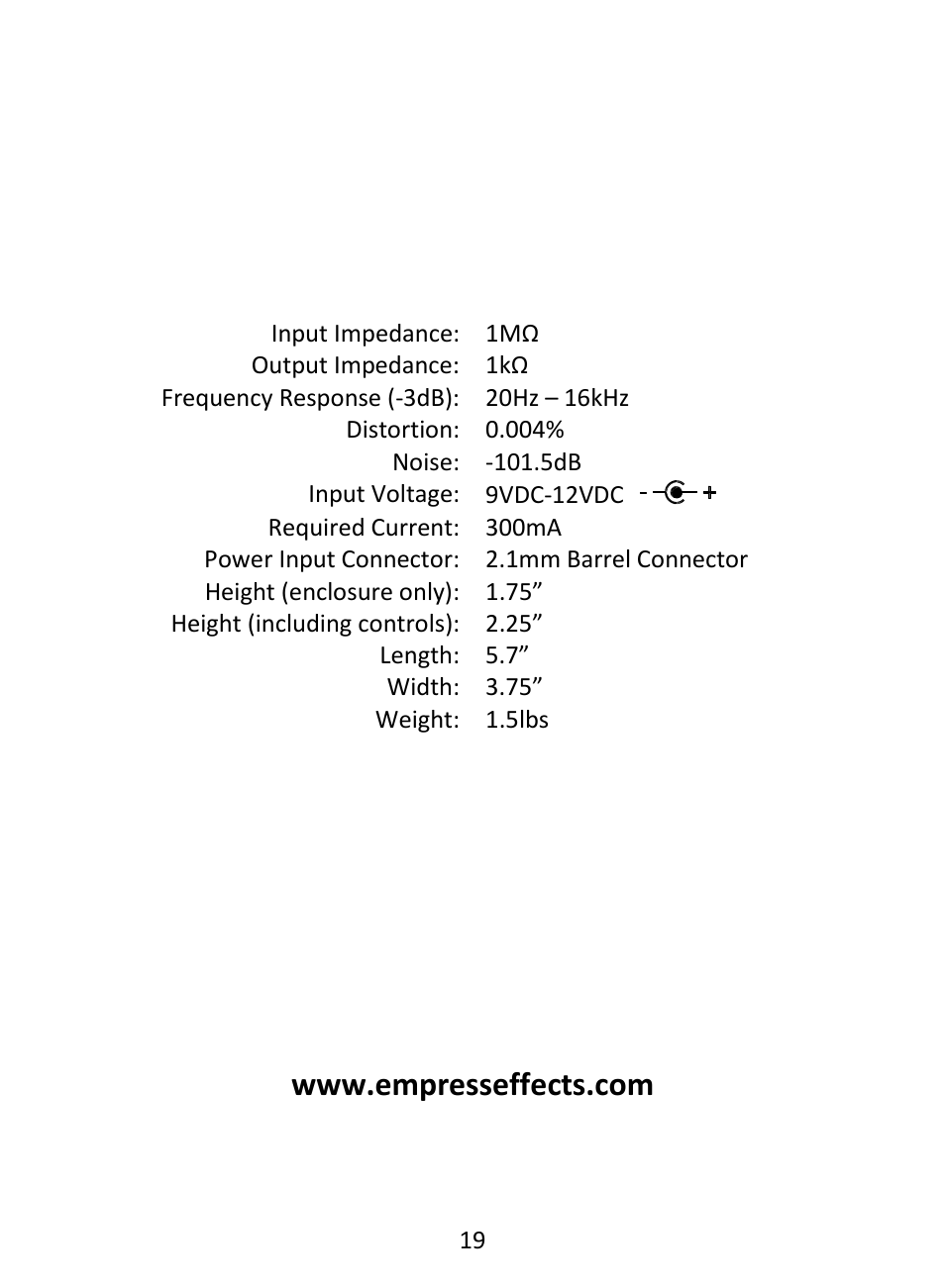 Specifications | Empress Effects Vintage Modified Superdelay User Manual | Page 20 / 20