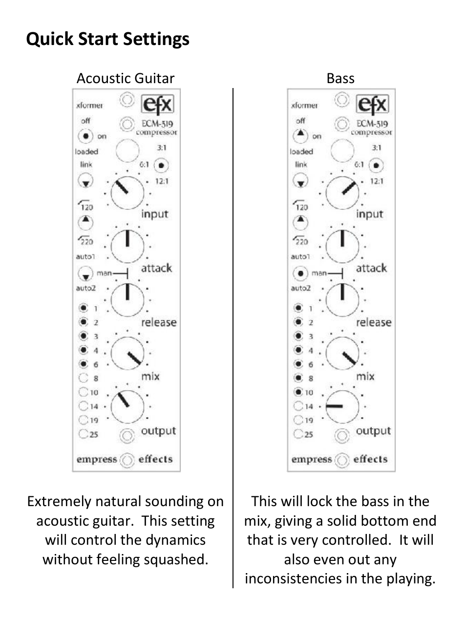 Quick start settings | Empress Effects ECM-519 compressor User Manual | Page 5 / 12