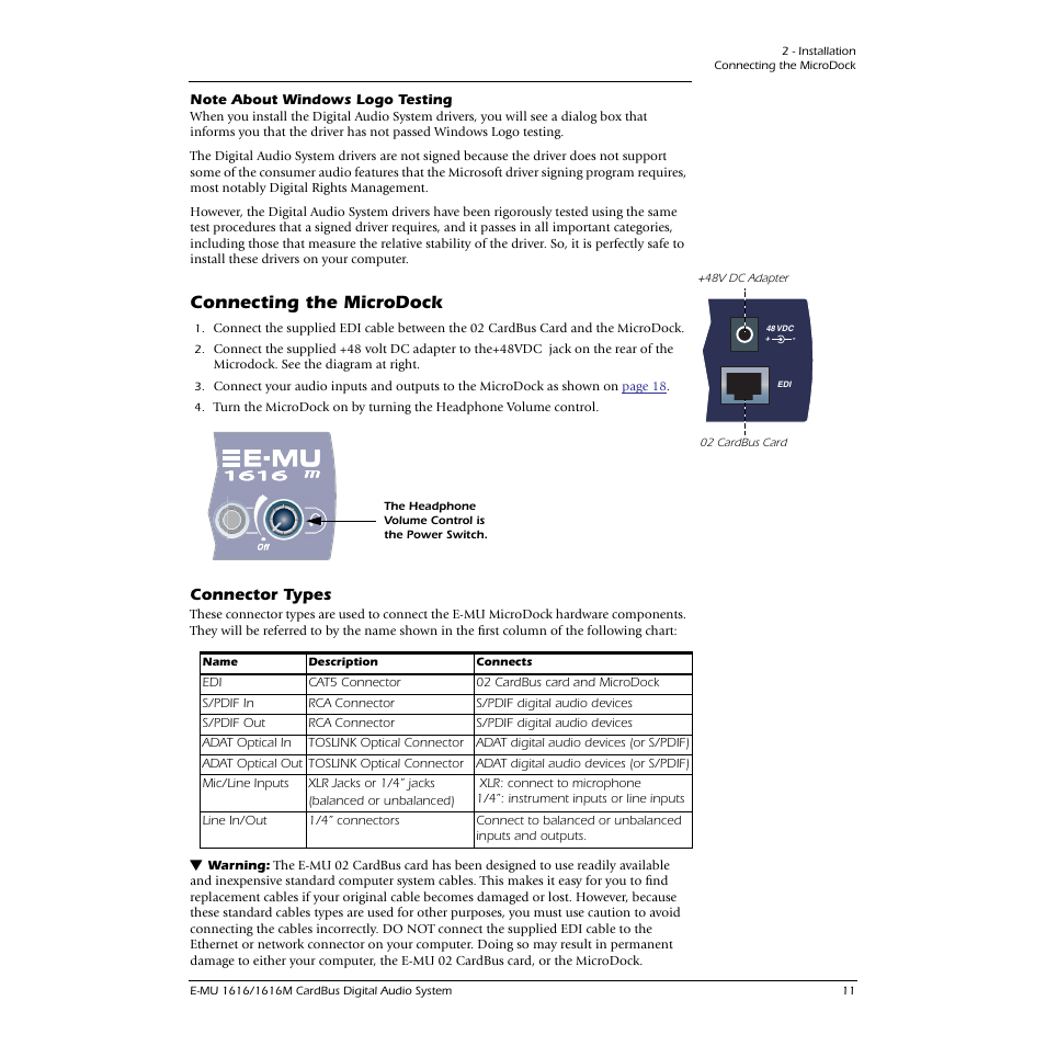 Note about windows logo testing, Connecting the microdock, Connector types | E-MU 1616M PCIe User Manual | Page 11 / 101