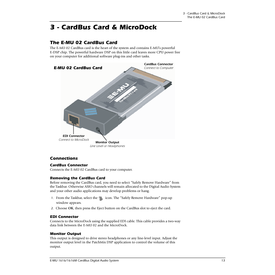 3 - cardbus card & microdock, The e-mu 02 cardbus card, Connections | Cardbus connector, Removing the cardbus card, Edi connector, Monitor output | E-MU 1616M PCIe User Manual | Page 13 / 101