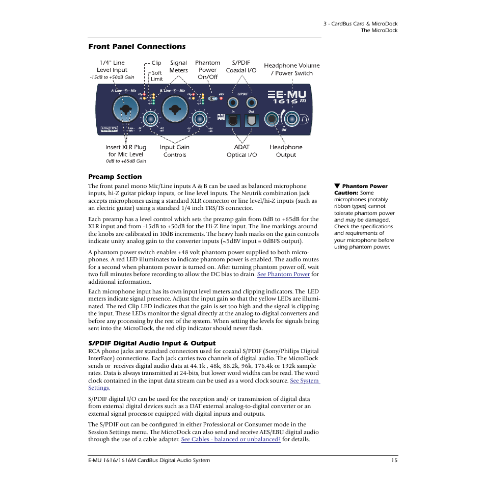 Front panel connections, Preamp section, S/pdif digital audio input & output | Preamp section s/pdif digital audio input & output | E-MU 1616M PCIe User Manual | Page 15 / 101