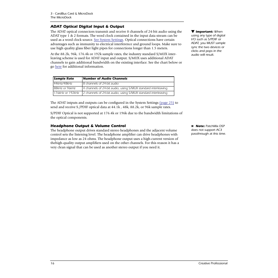 Adat optical digital input & output, Headphone output & volume control | E-MU 1616M PCIe User Manual | Page 16 / 101