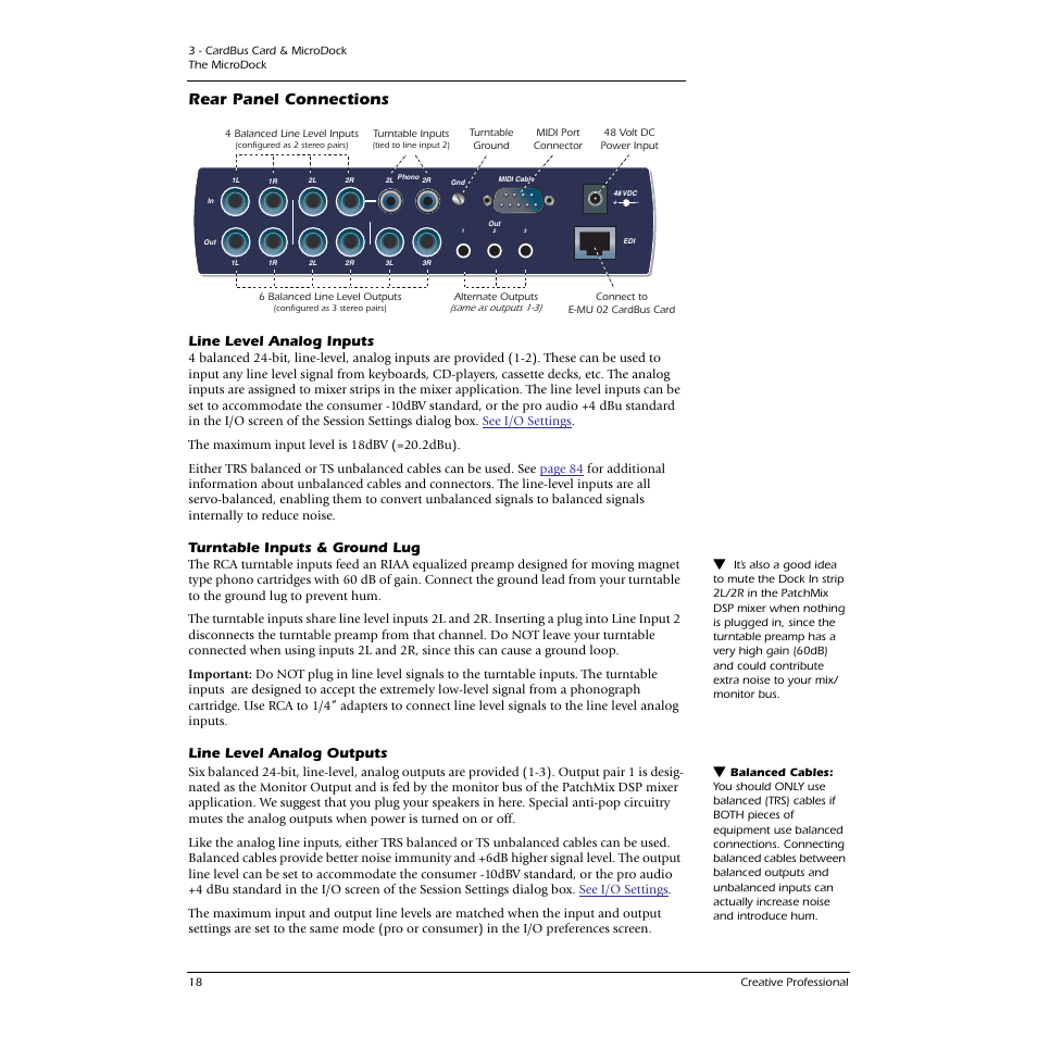 Rear panel connections, Line level analog inputs, Turntable inputs & ground lug | Line level analog outputs | E-MU 1616M PCIe User Manual | Page 18 / 101