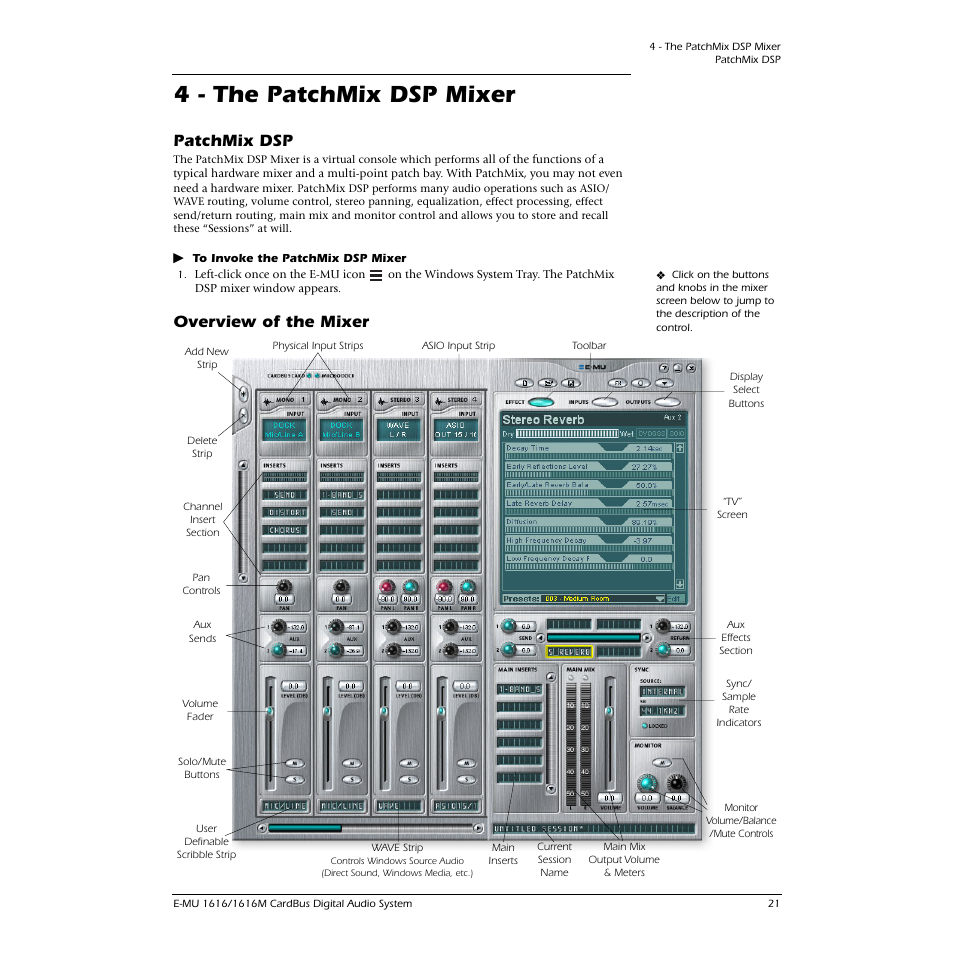 4 - the patchmix dsp mixer, Patchmix dsp, Overview of the mixer | Patchmix dsp overview of the mixer | E-MU 1616M PCIe User Manual | Page 21 / 101