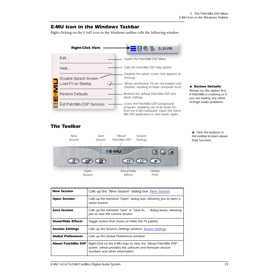 E-mu icon in the windows taskbar, The toolbar, E-mu icon in the windows taskbar the toolbar | E-MU 1616M PCIe User Manual | Page 23 / 101