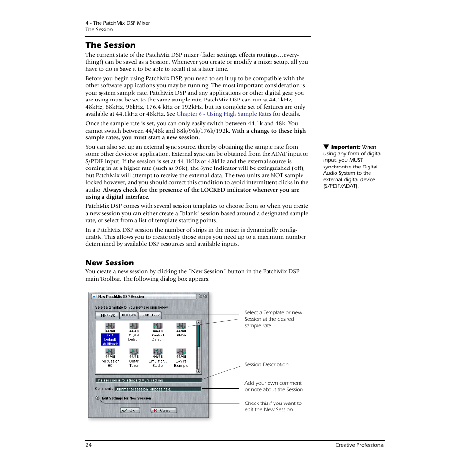 The session, New session, Calls up the “new session” dialog box | E-MU 1616M PCIe User Manual | Page 24 / 101