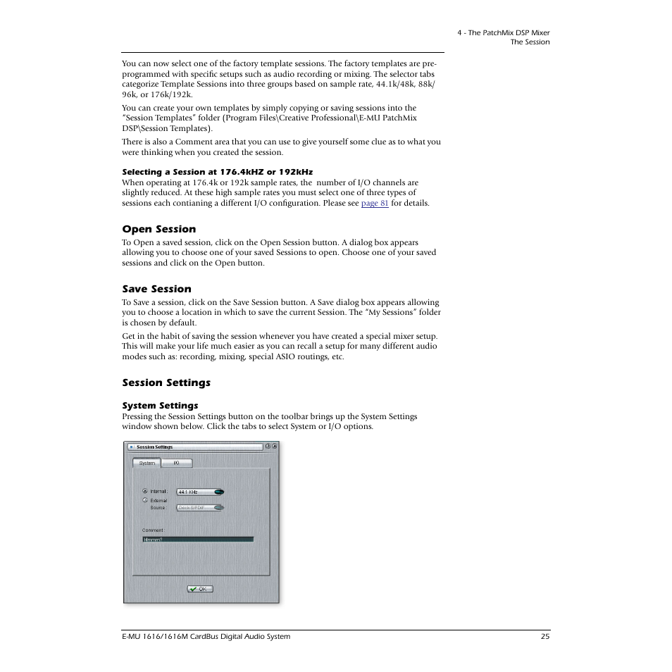 Open session, Save session, Session settings | System settings, Open session save session session settings, See system, Settings | E-MU 1616M PCIe User Manual | Page 25 / 101