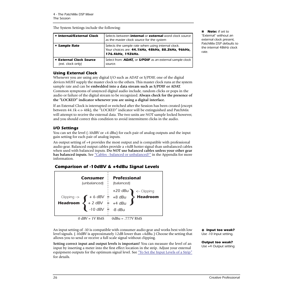 Using external clock, I/o settings, Using external clock i/o settings | See i/o settings | E-MU 1616M PCIe User Manual | Page 26 / 101