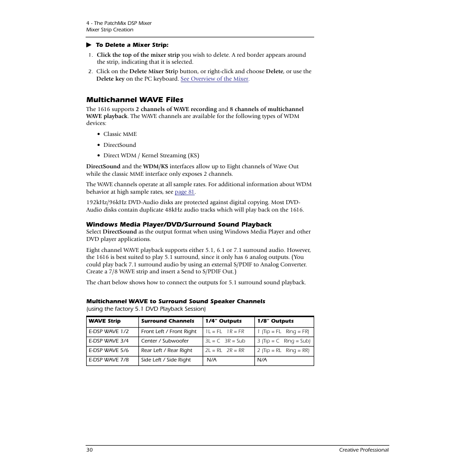 Multichannel wave files, Windows media player/dvd/surround sound playback | E-MU 1616M PCIe User Manual | Page 30 / 101