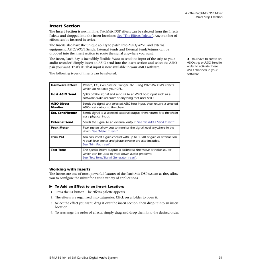 Insert section, Working with inserts | E-MU 1616M PCIe User Manual | Page 31 / 101