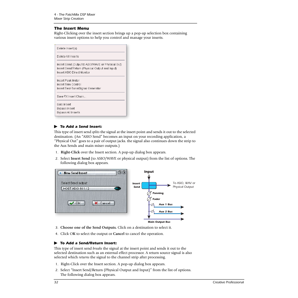 The insert menu, See “to add a send insert | E-MU 1616M PCIe User Manual | Page 32 / 101