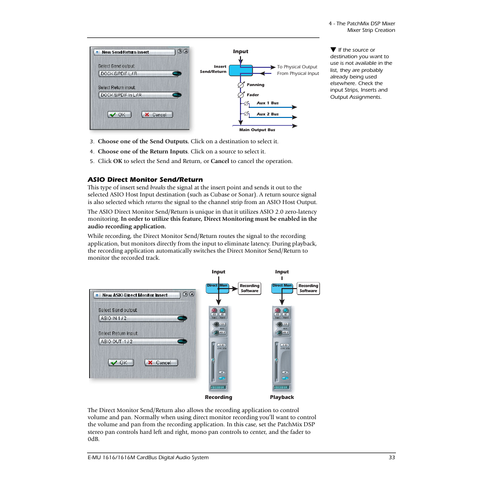 Asio direct monitor send/return | E-MU 1616M PCIe User Manual | Page 33 / 101