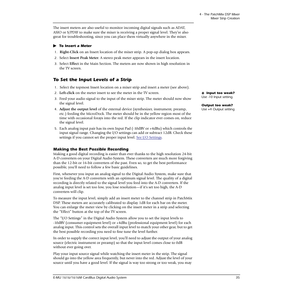 To set the input levels of a strip, Making the best possible recording, El. see | E-MU 1616M PCIe User Manual | Page 35 / 101